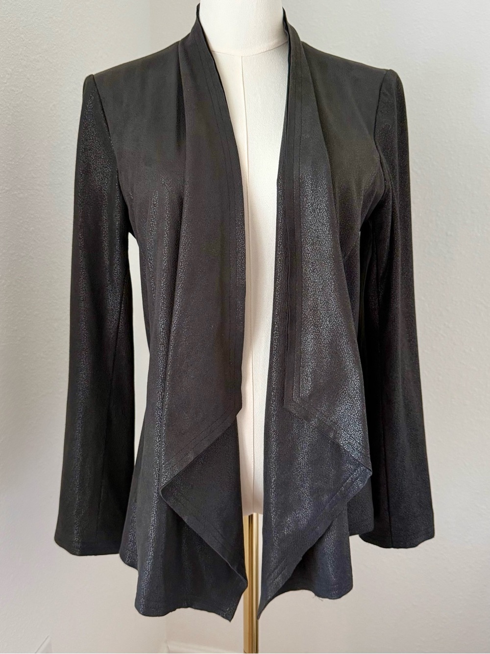 Tahari ASL Women’s Black Faux Suede Open Front Waterfall Moto Jacket Workwear 8